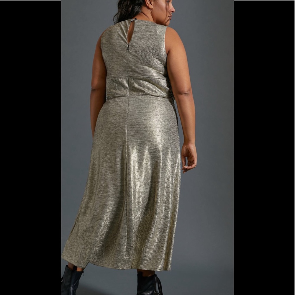 Anthropologie Metallic Gold Wrap Midi Dress - Picture 3 of 5
